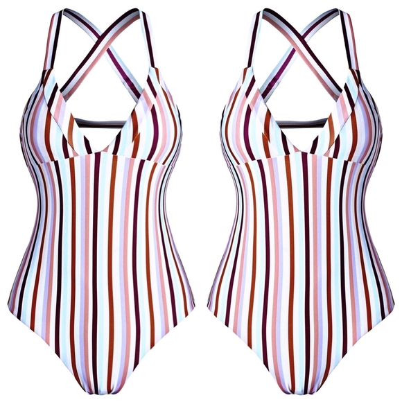 Striped Criss-Cross One Piece Swimsuit – Colorful Scoop Neck, Open Back, Padding - Picture 6 of 11